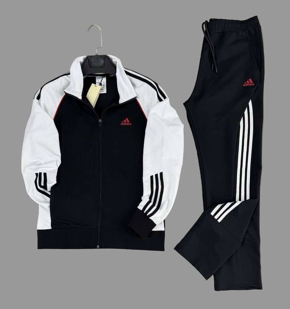 Adidas férfi sportöltöny, fehér és fekete színben, piros logóval