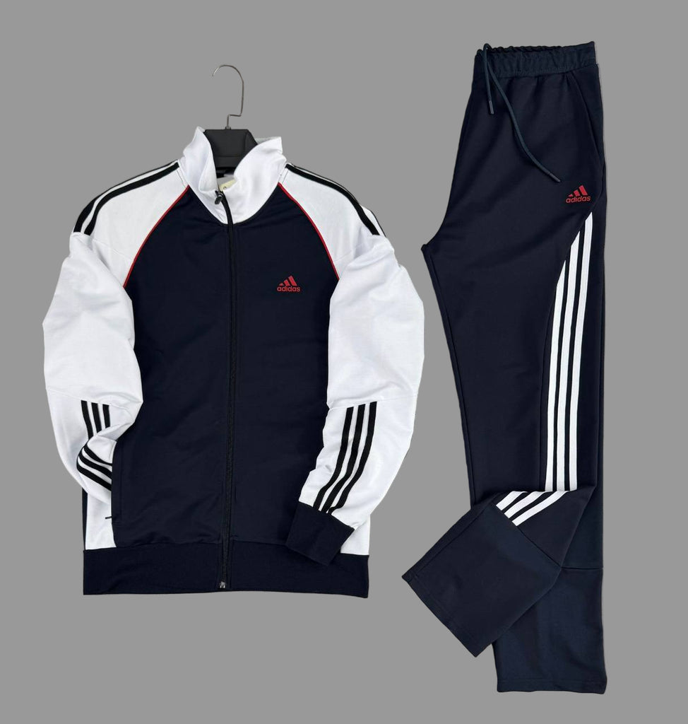 Adidas férfi sportöltöny, fehér és sötétkék színben, piros logóval