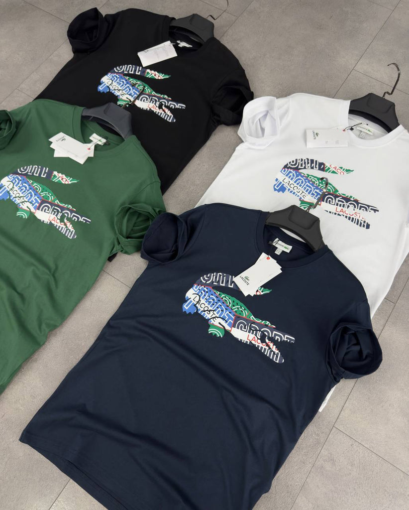 Férfi Lacoste póló, színes nagy krokodil mintával – fekete. Prémium minőség.
